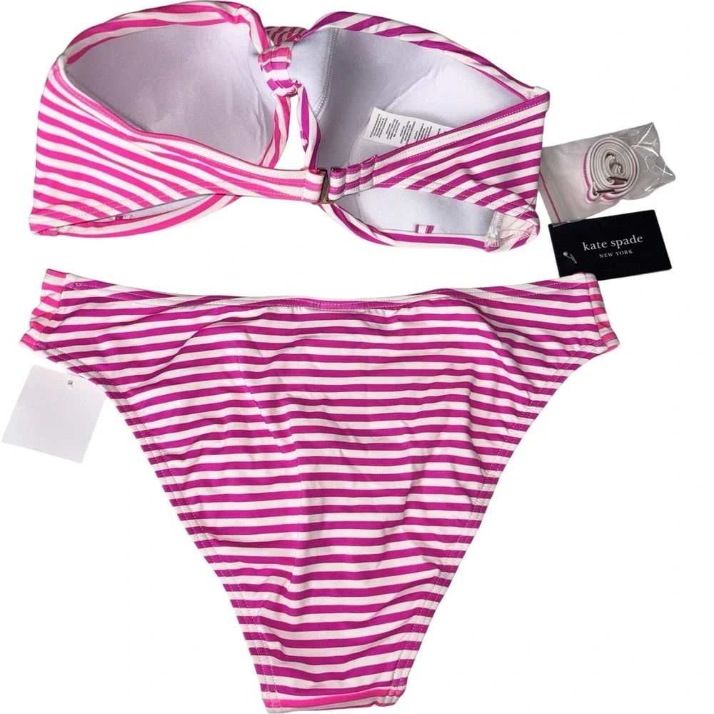 Kate Spade Radiant Pink Striped Bandeau Bikini Set Size Large‎ New With Tags